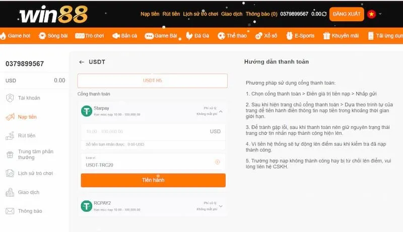 Nạp tiền nhà cái WIN88 qua USDT