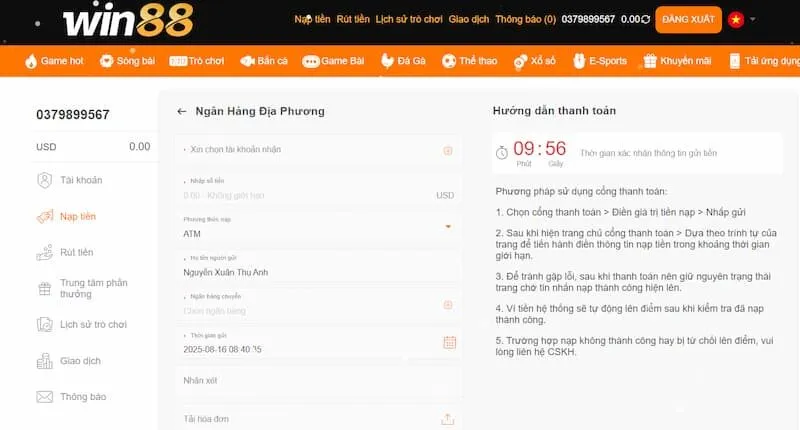 Nạp tiền WIN88 qua ngân hàng 
